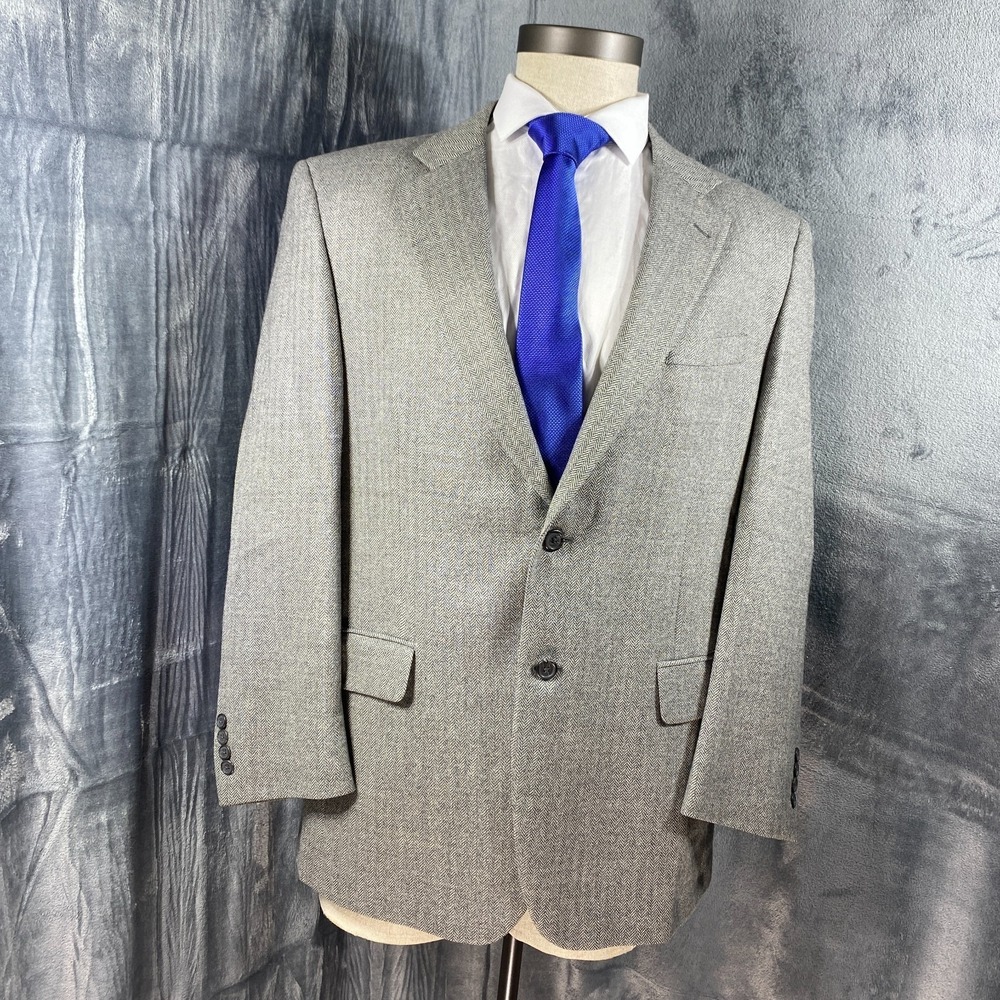 Jos A Bank‎ Blazer Jacket Mens 43R Gray Herringbone 100% Wool Suit Sport Coat